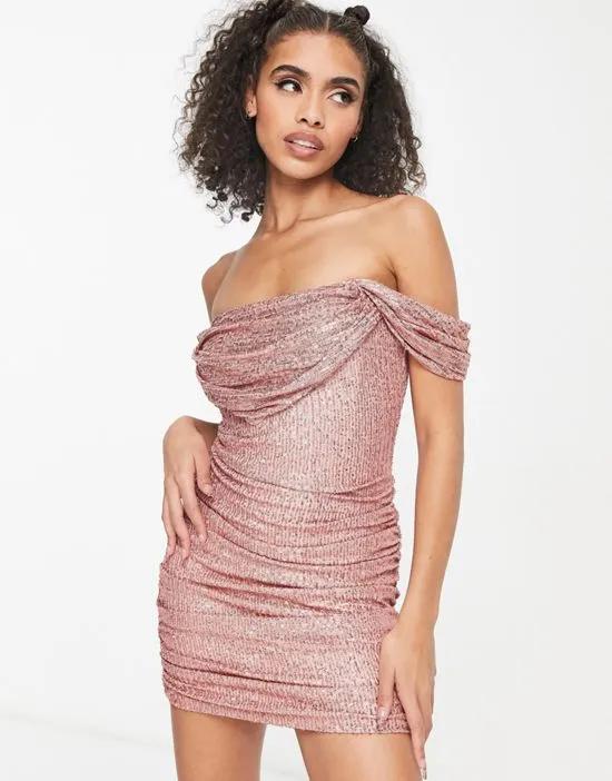 bardot ruched corset mini dress in pink sequin