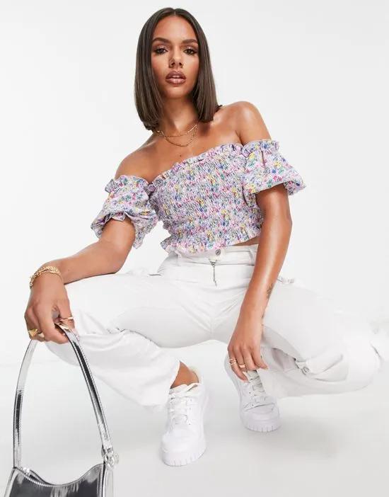 bardot top in lilac floral