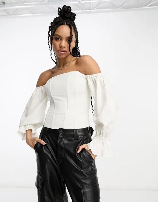 bardot top with gathered sleeves in white