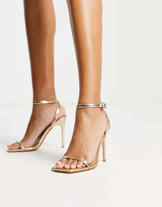 barely there square toe stilletto heeled sandals in gold