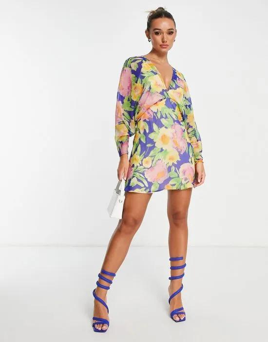batwing sleeve large floral print mini dress in blue