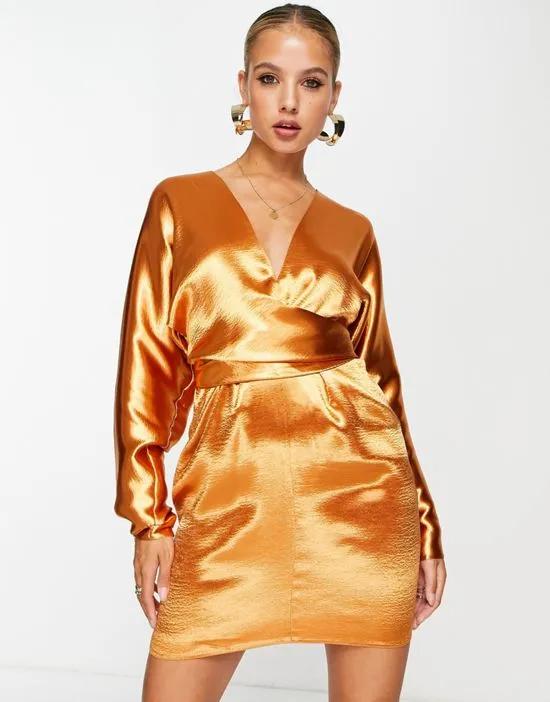 batwing sleeve mini dress in satin with wrap waist in soft gold