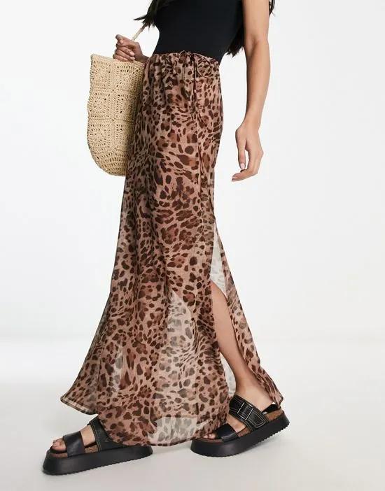beach chiffon leopard tie side maxi skirt