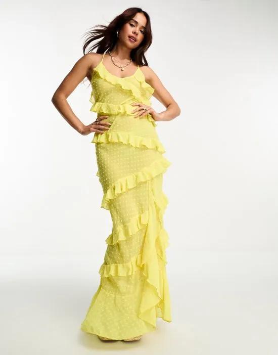 beach textured chiffon bias ruffle side slit maxi dress in yellow