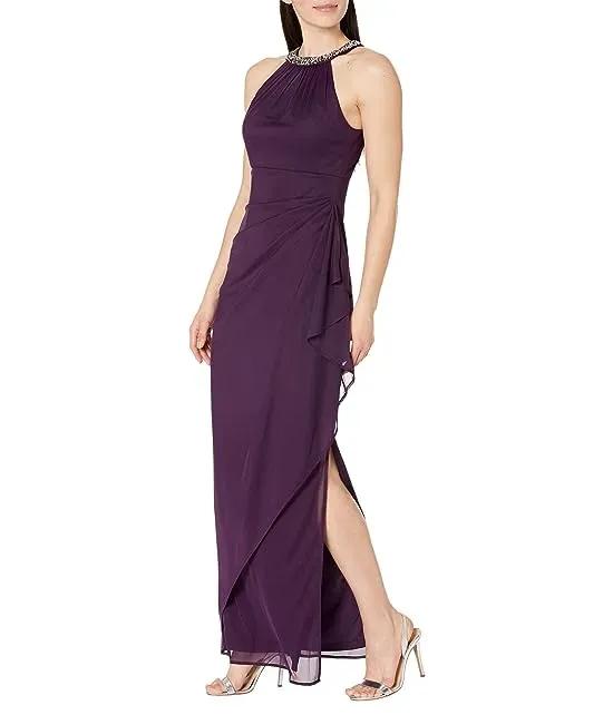 Beaded Halter Long Gown with Side Ruching