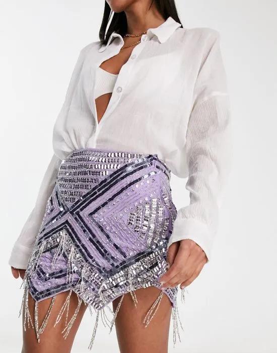 beaded mini skirt with fringe detail in purple