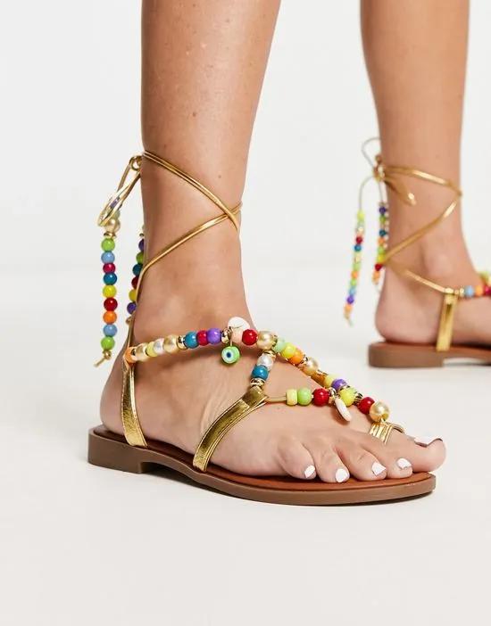 beaded sandal in gold and multi