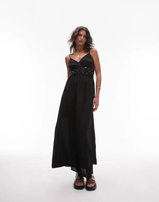 beaded waist maxi dress in black