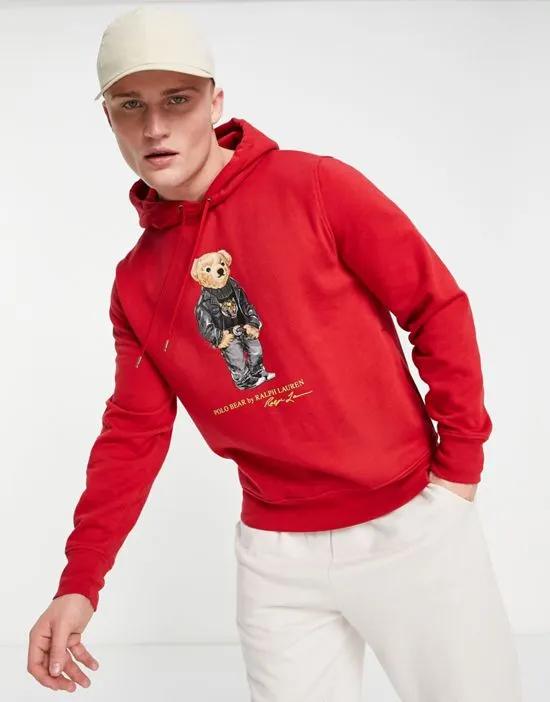 bear print hoodie in red