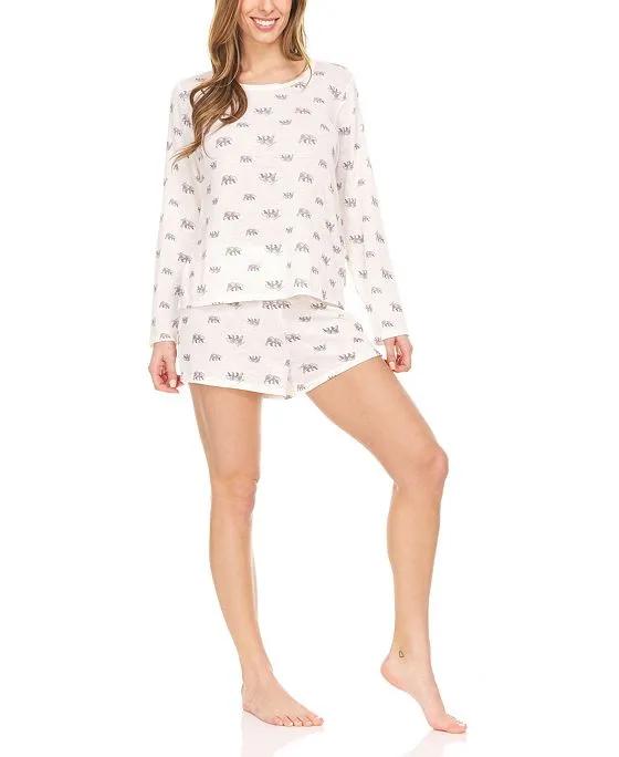 BEARPAW Women's Relaxed Fit Long Sleeve T-Shirt and Wide Waist Shorts, Pajama Lounge Comfy Sleepwear Set, 2 Piece