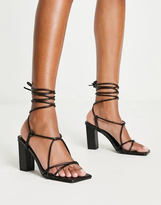 Beauty block mid heel tie ankle sandals in black