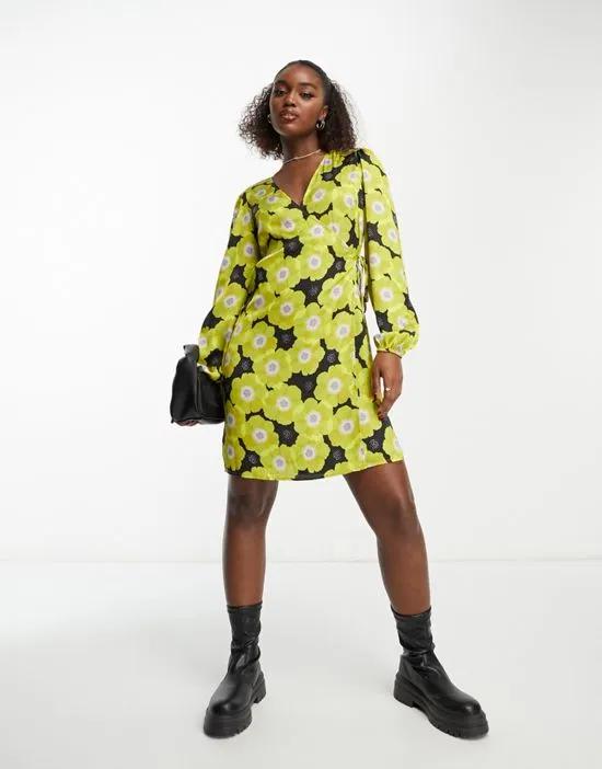 becca long sleeve wrap dress in yellow and black print