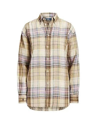 Beige Checked shirt RELAXED FIT PLAID LINEN SHIRT
