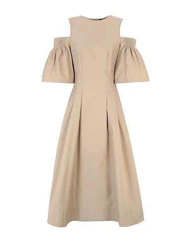 Beige Plain weave Long dress COLD SHOULDER FLARE DRESS
