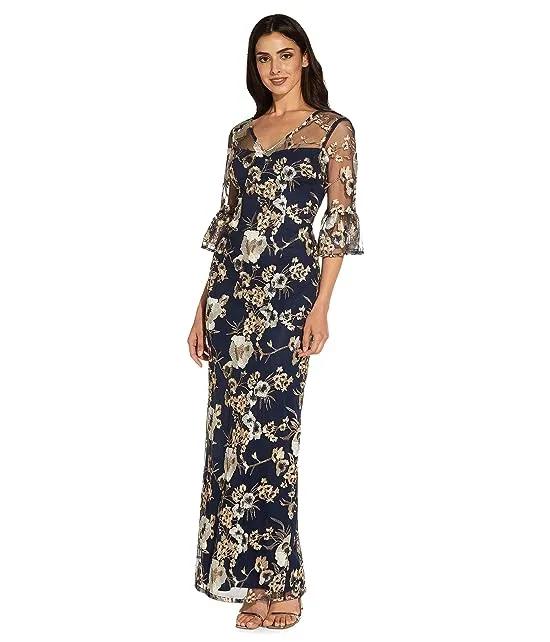 Bell Sleeve Embroidered Column Gown