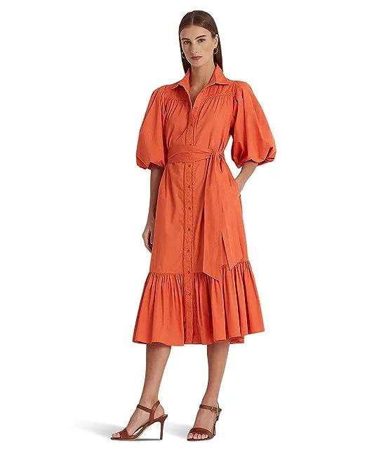 Belted Broadcloth Bubble-Sleeve Shirtdress