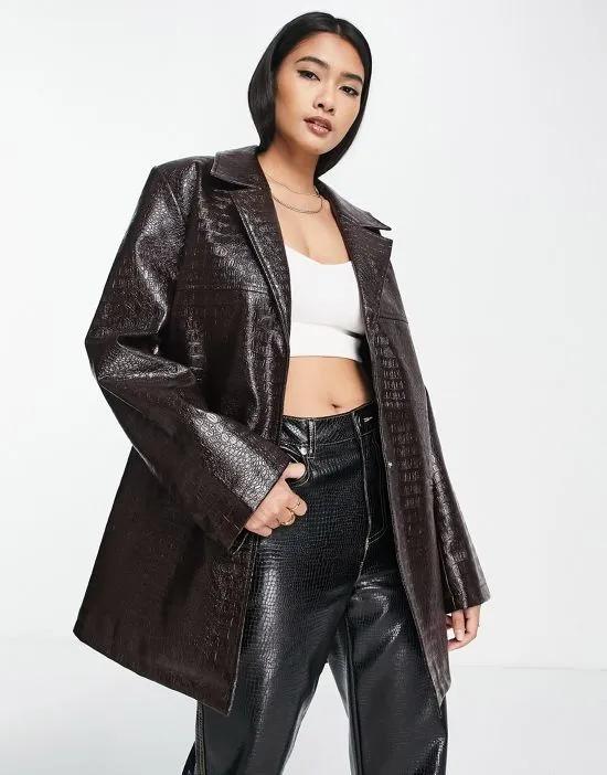 belted croc faux leather mom jacket in brown