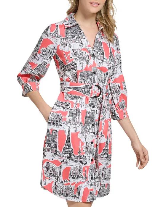 Belted Graphic Print Cotton Shirt Dress