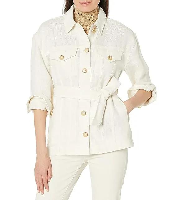 Belted Herringbone Linen Shirt Jacket