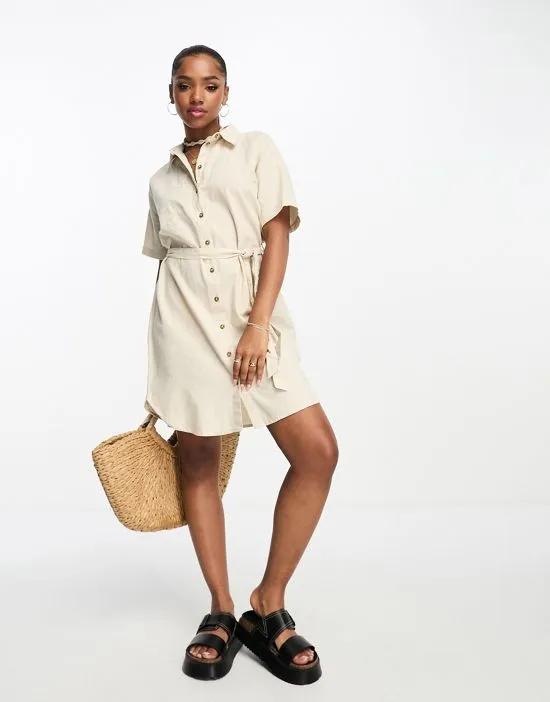 belted linen t-shirt mini dress in stone