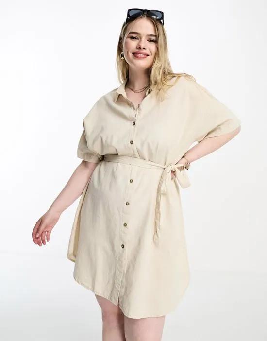 belted linen t-shirt mini dress in stone