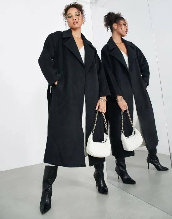 belted longline wool mix coat in black