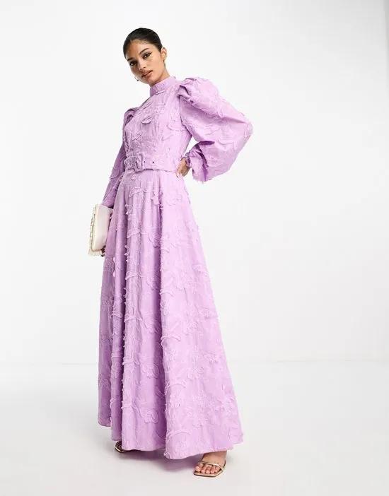 belted maxi skater dress in textured jacquard in lilac