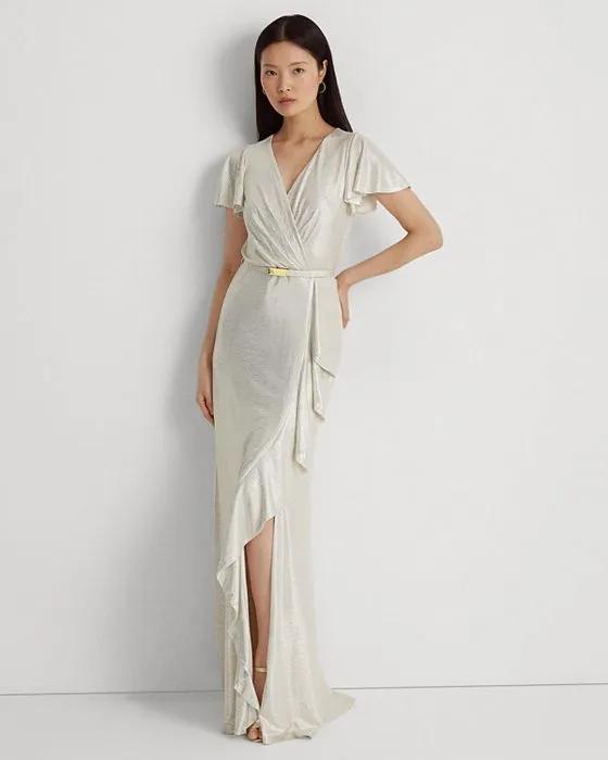 Belted Metallic Knit Flutter Sleeve Gown