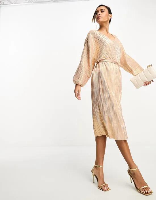 belted midi dress with balloon sleeves in rose gold shimmer