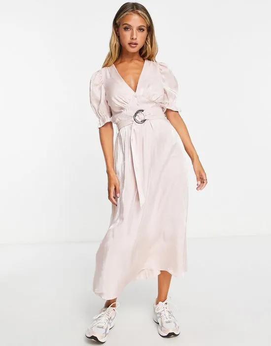 belted midi dress with puff sleeves in light pink
