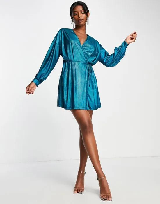 belted mini dress with balloon sleeves in blue plisse