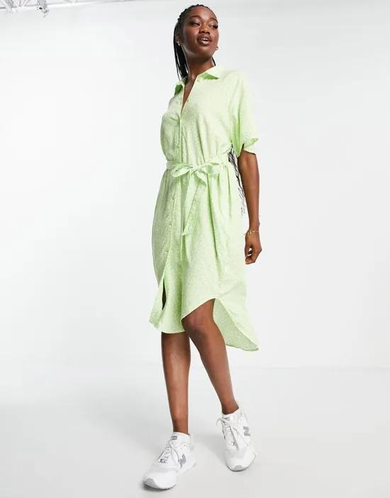 belted mini shirt dress in green floral print