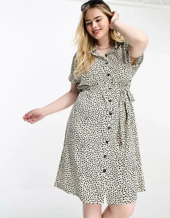 belted mini shirt dress in white and black spot