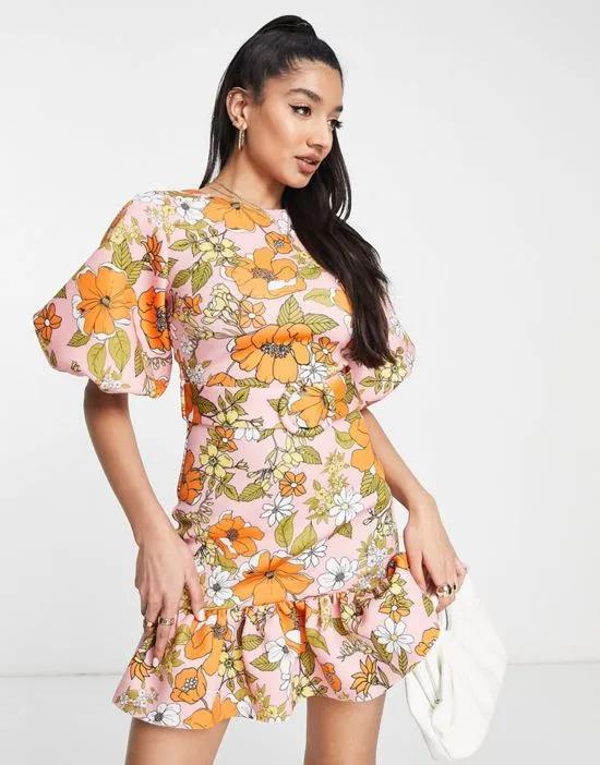 belted peplem mini tiered dress in retro floral print