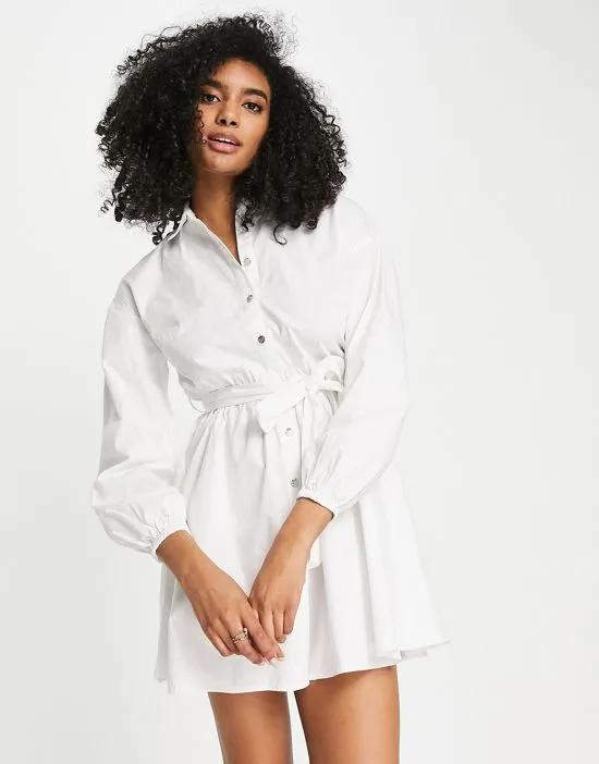 belted poplin mini shirt dress in white