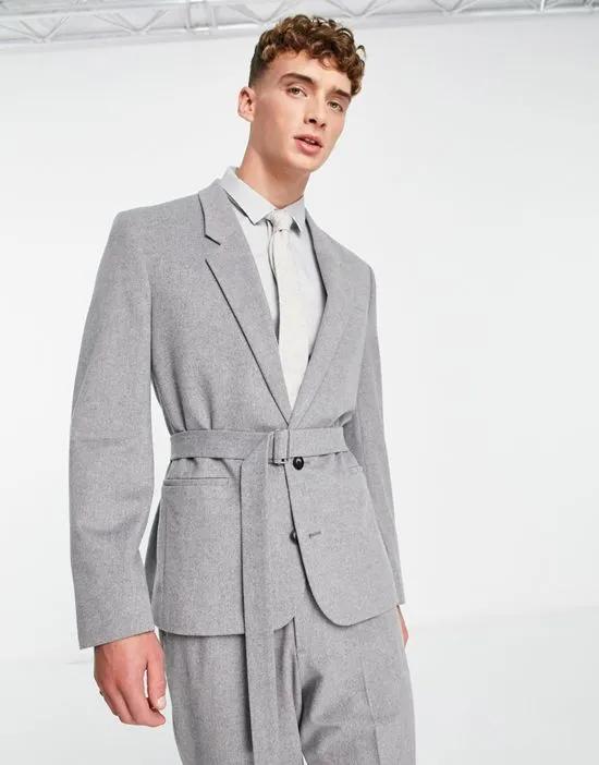 belted power shoulder suit jacket in gray brushed flannel