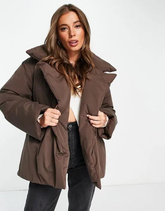 belted puffer jacket in brown