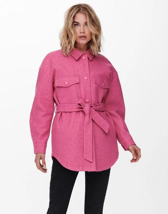 belted shacket in bright pink