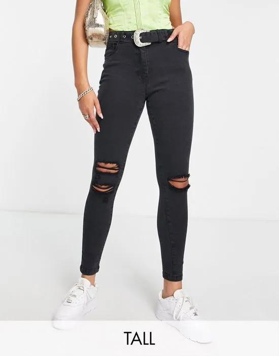belted skinny jeans in charcoal