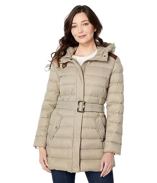 Belted Soft Down Coat with Suede Trim