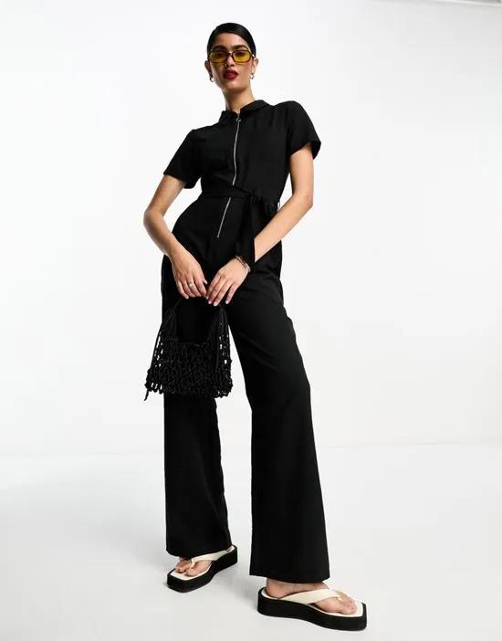 belted soft utility jumpsuit in black