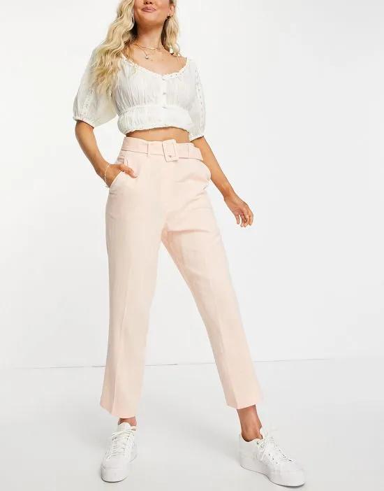 belted tapered leg linen blend pants in peach - part of a set