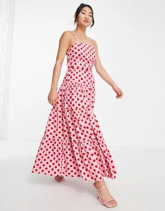 belted tiered midaxi dress in pink and red spot