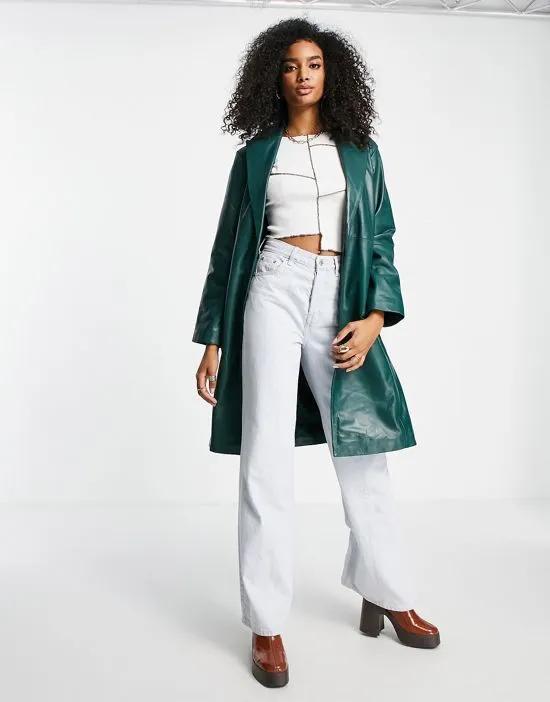 belted wrap front leather trench style coat in green
