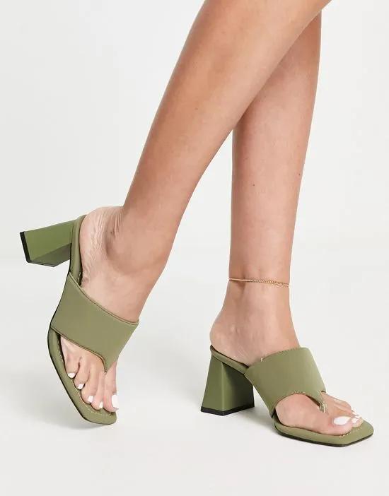Bershka heeled toe post sandal in khaki