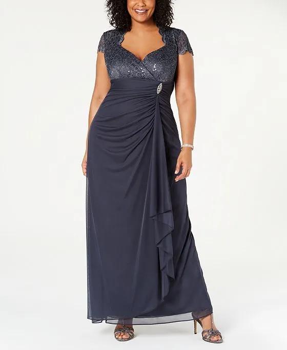 Betsy & Adam Plus Size Sequined-Lace Ruched Gown