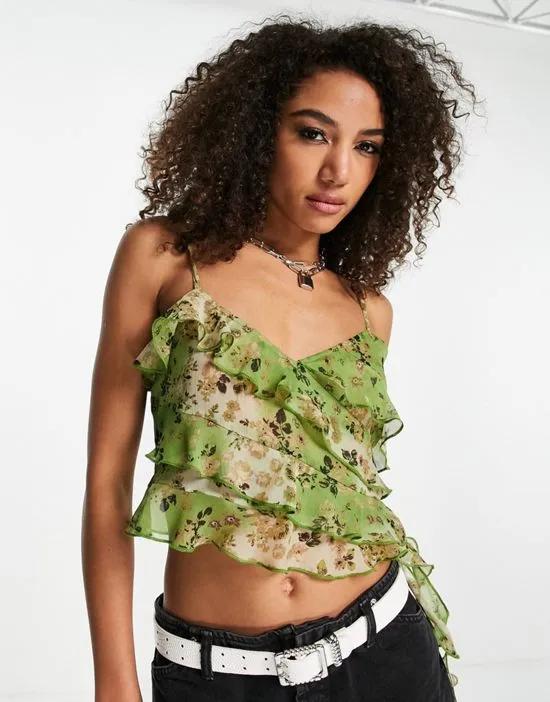 bias cami in green ditsy with ruffle detail