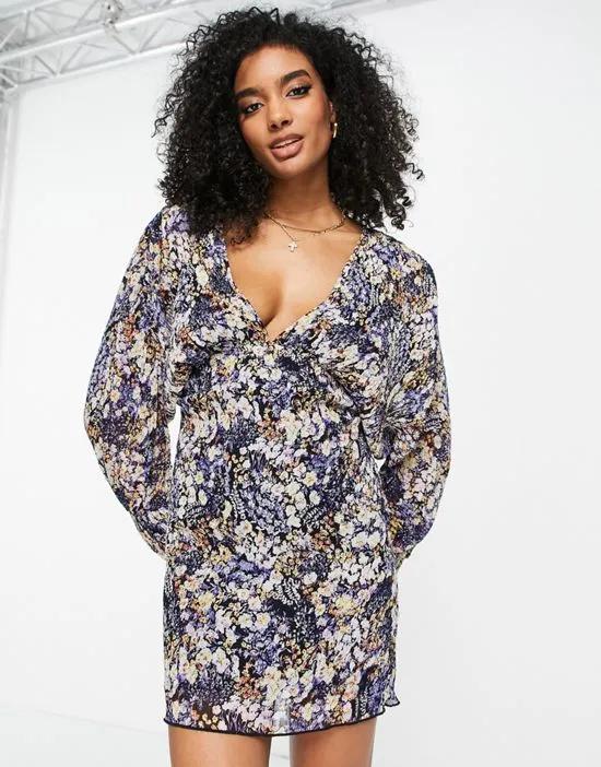 bias plisse mini dress with batwing sleeve in abstract floral