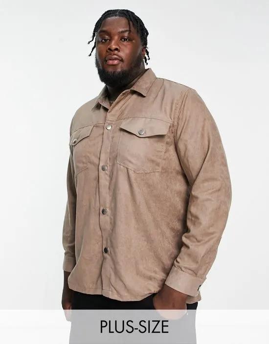 Big & Tall long sleeve suedette shirt in gray