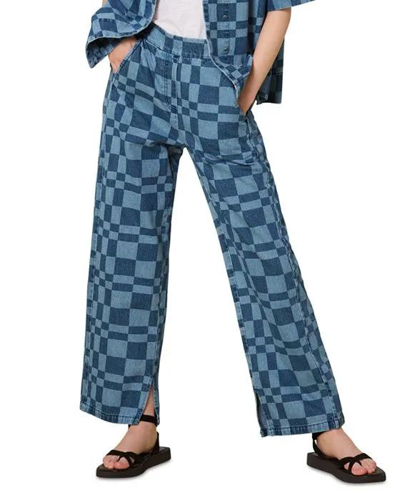Billie Bleach Checkerboard High Rise Wide Leg Jeans in Blue Multi